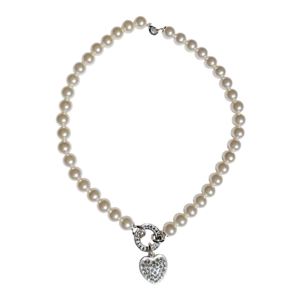 Nyc Faux Pearl W Rhinestone Encrusted Silver Heart Charm